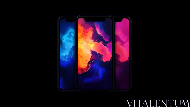 Edge-to-edge smartphones with neon fluid abstract displays.