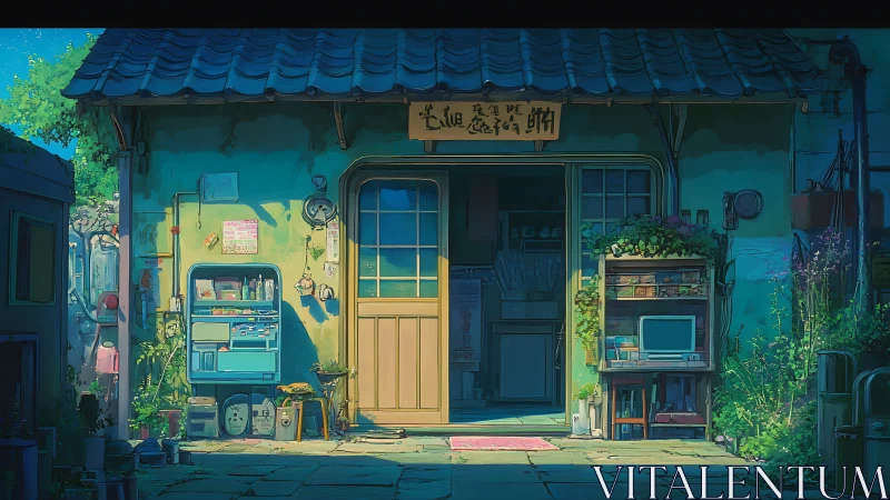 Sunlit retro storefront with vending machine and foliage.