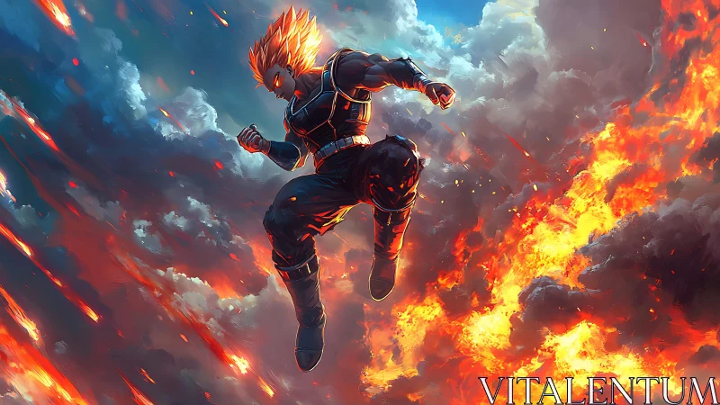 Armored anime warrior descends through incendiary cloudscape