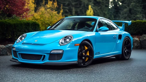 Sky-blue Porsche rockets through forest-edge quiet.