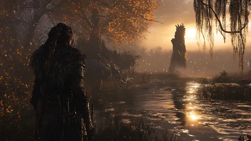 Warrior of dusk studies the cursed marsh idol in silence