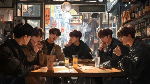 Urban café gathering captures quiet conversation and light.