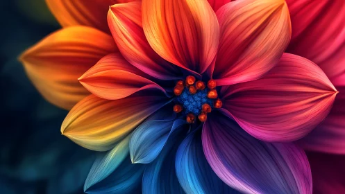 Radiant multicolor flower unfurls in luminous digital detail.