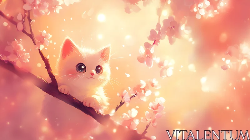 Glowing white cat perched among cherry blossoms in warm light