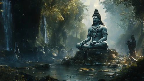 Serene stone deity in a misty forest sanctuary by water.