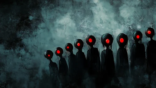 Hooded silhouettes with red void eyes aligned in misty gloom