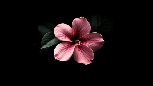 Pink flower with five petals on dark background.