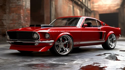 Bold red muscle car shining in an urban warehouse glow.