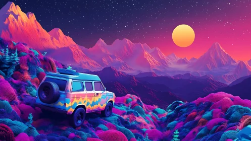 Sunset road trip van pauses above neon dreamlike mountains