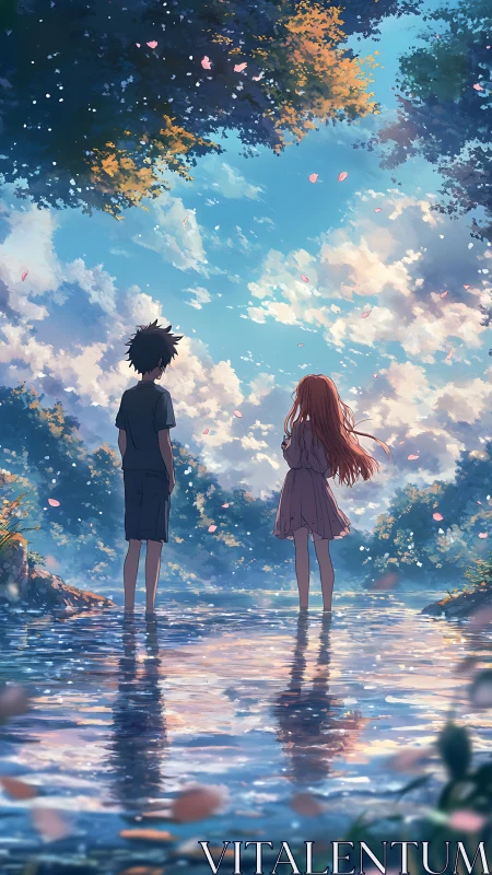 Sky-lit river rendezvous with two quiet summer silhouettes.