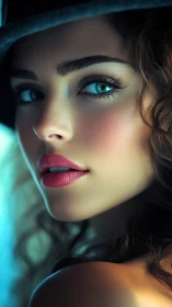 Digital portrait of woman with teal eyes and cinematic glow.