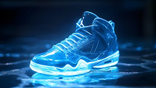 Futuristic glowing sneaker rendered in neon blue digital art style.