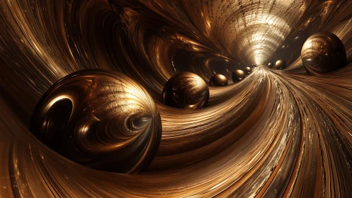Metallic spheres in reflective tunnel-like abstract corridor.