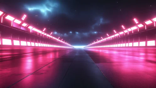Neon vanishing-point corridor glows under stormy cyber sky