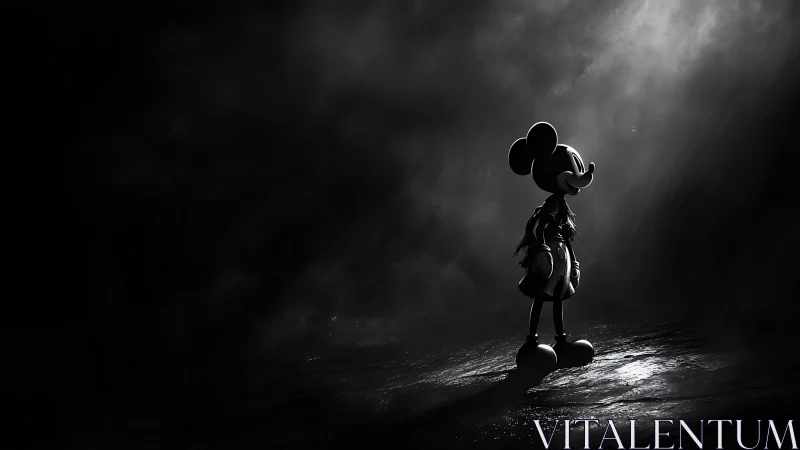 Cartoon mouse silhouette in dramatic black and white light.