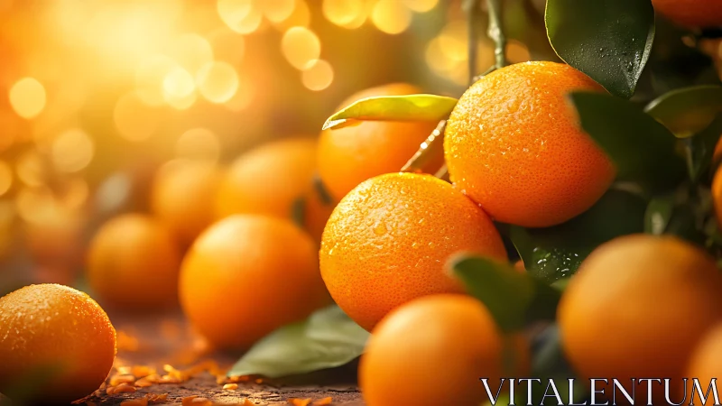 Ripe oranges with dew under warm golden sunlight.