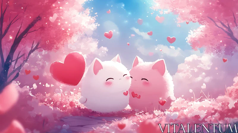 Luminescent Anthropomorphic Feline Characters in Cherry Blossom Environment