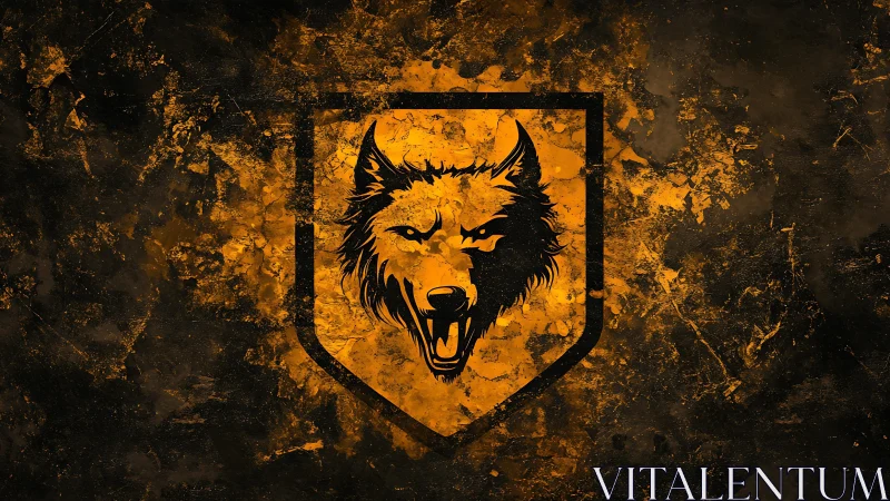 Ferocious wolf emblem over distressed orange shield background.