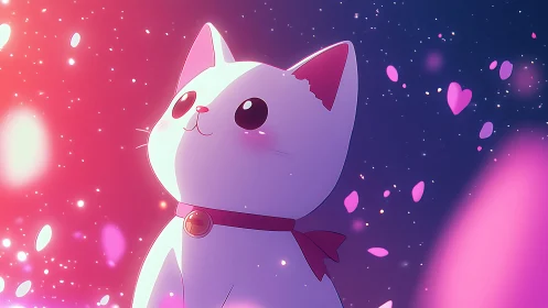 White cartoon cat stares upward amid glowing pink lights