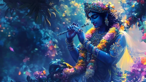 Blue divine figure with flute amid vivid floral garlands.