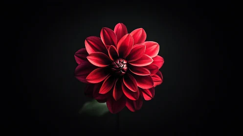 Radiant Red Dahlia Blooming Against Deep Darkness.