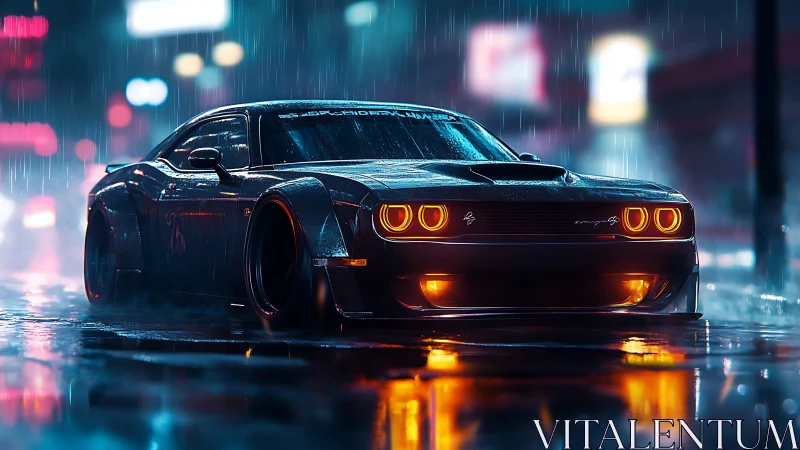 Sleek muscle car on wet neon city street at night.