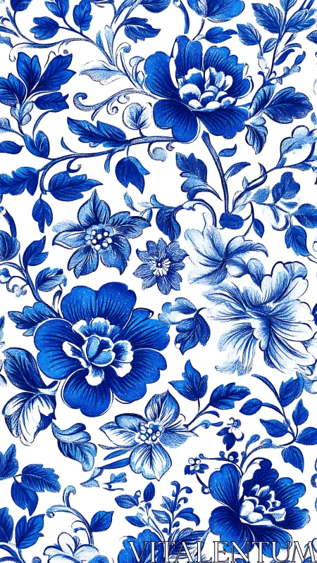 Monochrome cobalt floral engraving with dense ornamental tiling.