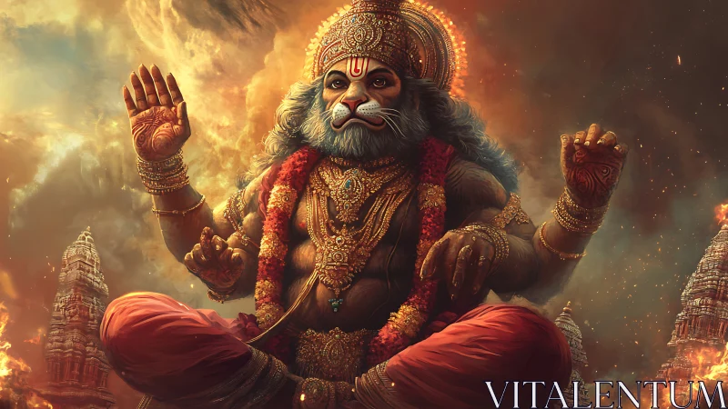 Flame crowned deity in radiant armor over burning temples.