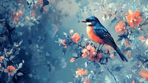 Chromatic songbird perched among stylized blossoms in cool palette