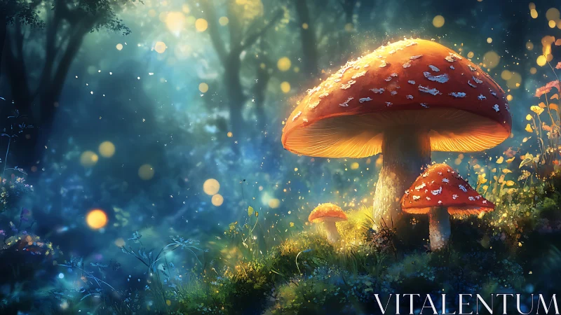 Firefly-lit toadstool kingdom glowing in midnight forest.