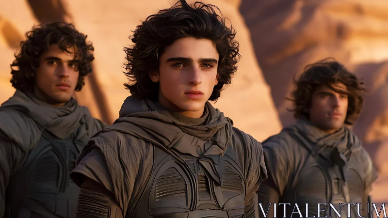 Desert warriors stand in layered armor under warm sunlight