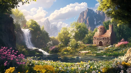 Storybook valley cottage beside a waterfall of wandering light.