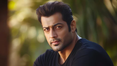 Male portrait uses shallow depth of field and warm outdoor bokeh