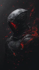Hooded armored figure glows with red embers in darkness