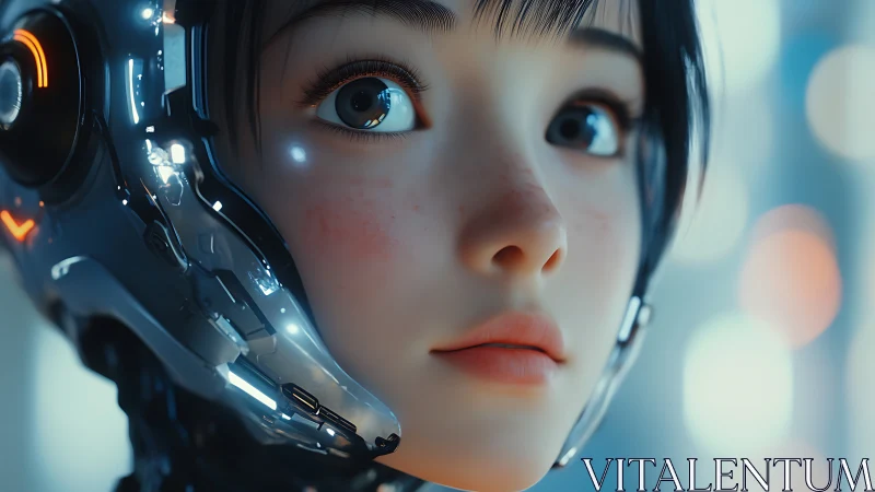Soft-eyed android girl in luminous cybernetic portrait.