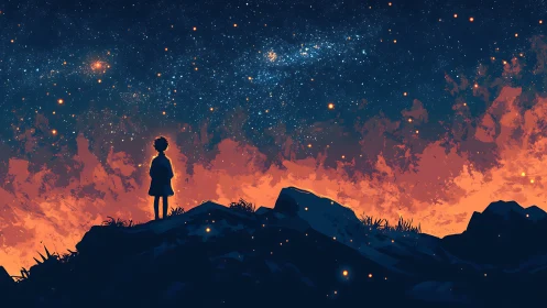 Stargazing silhouette against blazing dusk and nebula sky.