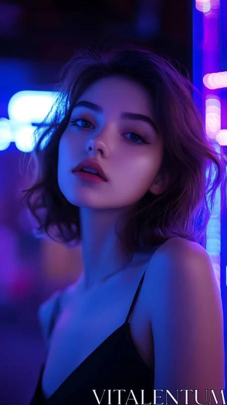 Neon-lit portrait captures serene beauty in moody night glow