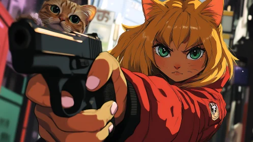 Fierce catgirl hero aims forward while tiny kitten peeks out