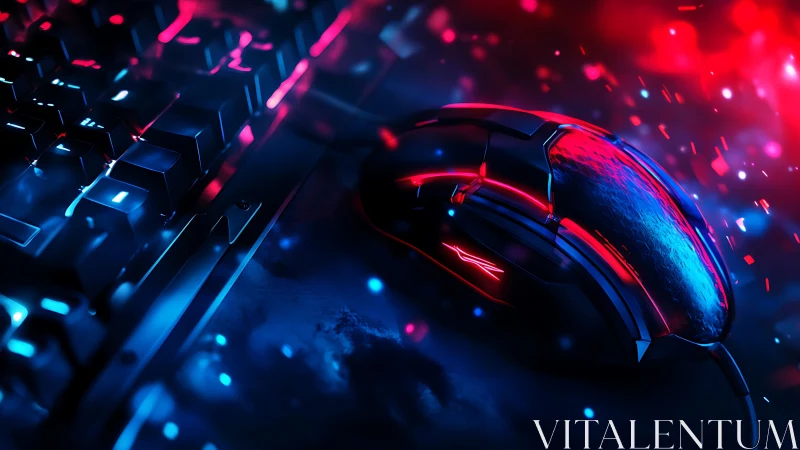 RGB gaming mouse and keyboard in neon red blue light.