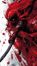 Scarlet blade in mid-leap across a storm of crimson paint.