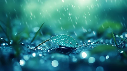 Raindrop lullaby on a jewel-bright leaf in teal twilight.