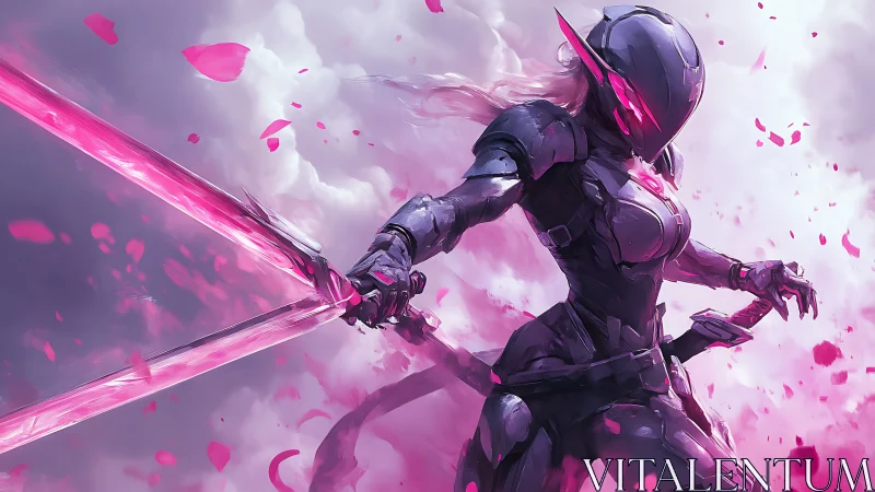 Armored cyber warrior with twin pink energy blades.