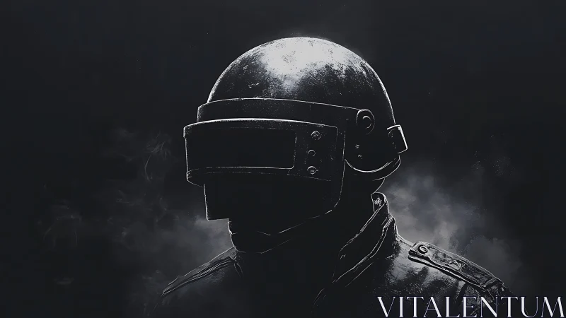 Armored visor-helmet silhouette in low-key monochrome smoke