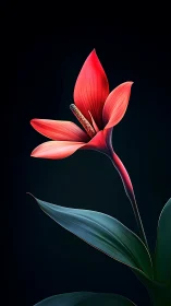 Crimson tropical flower glows softly against deep black