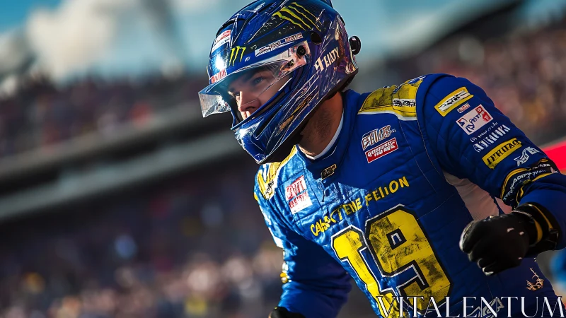 Blue race car driver in helmet running beside racetrack.