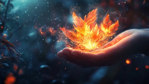 Luminous Flower Bloom Held in Palm Against Cosmic Atmosphere.
