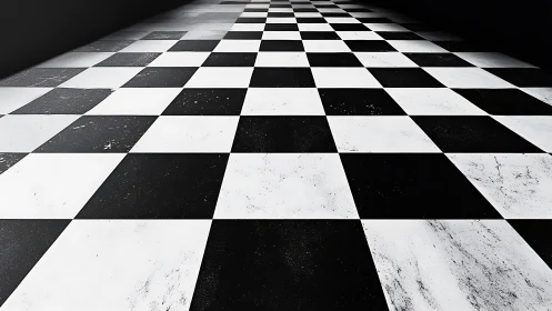Monochrome checkerboard floor extends into darkness