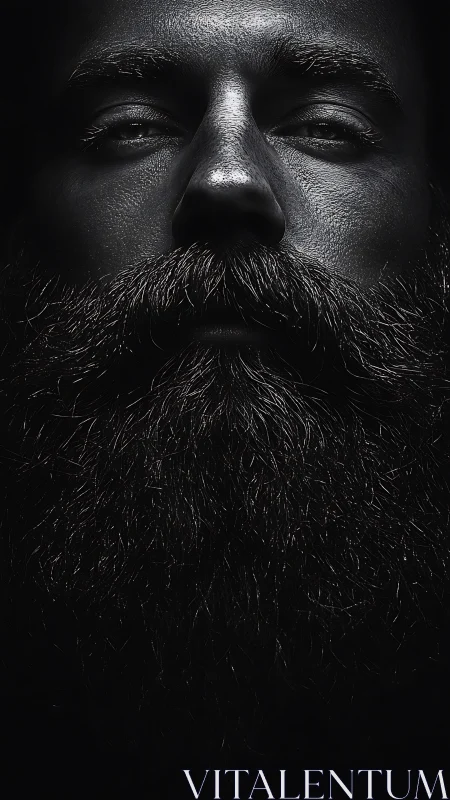 Monochrome close-up isolates textured skin and dense beard