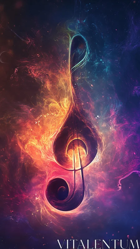 Treble clef symbol within multicolored abstract energy field.