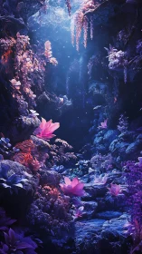 Luminescent subaquatic grotto with bioluminescent flora bloom.